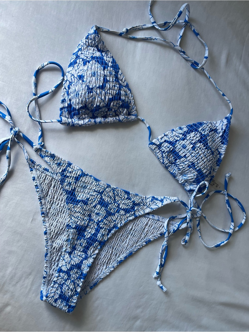 Blue & White Smocked Triangle Bikini Set - Women Swim